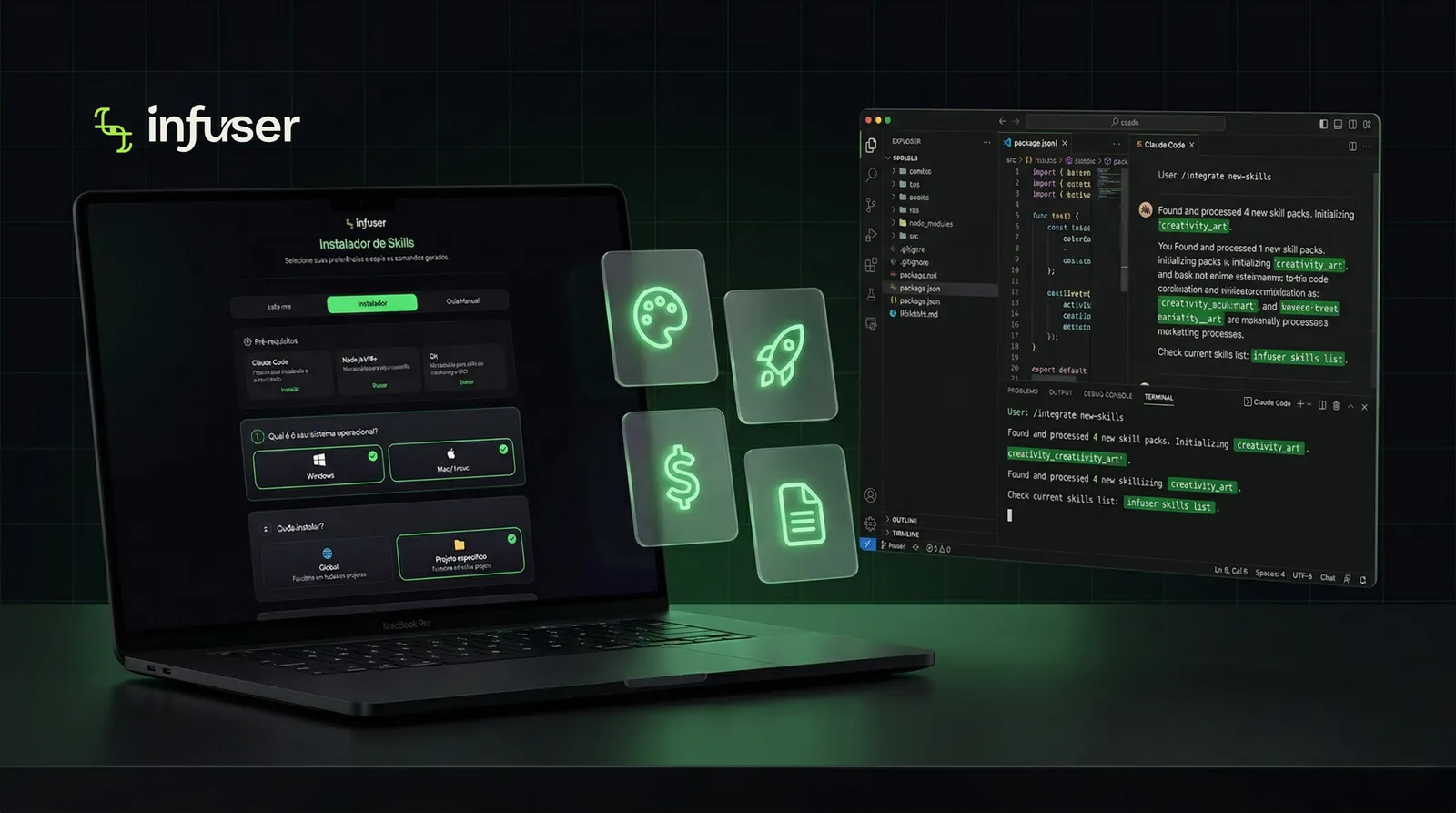 Pack de Skills pro Claude Code — mockup do produto