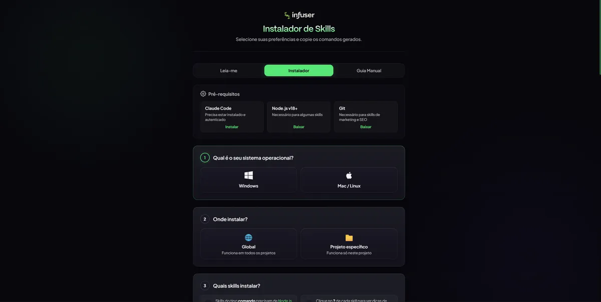 Instalador visual aberto no navegador — interface dark com os 3 passos