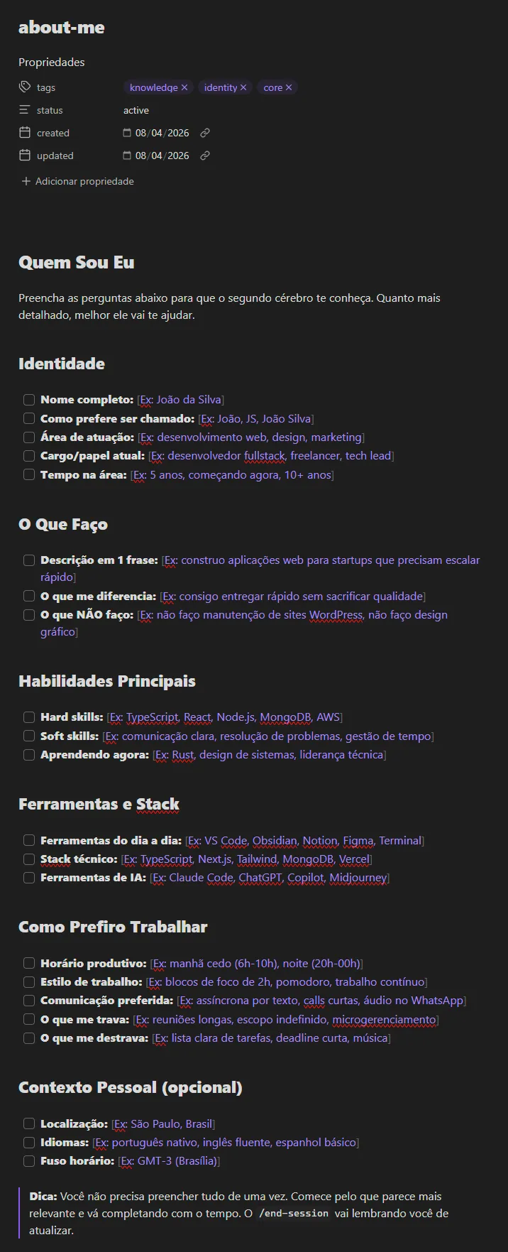 Template about-me.md — perguntas-guia para personalização