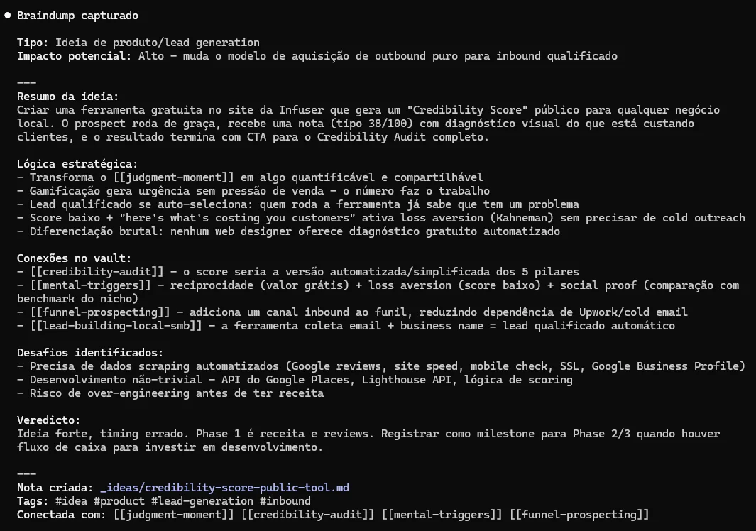 Output do /braindump no terminal