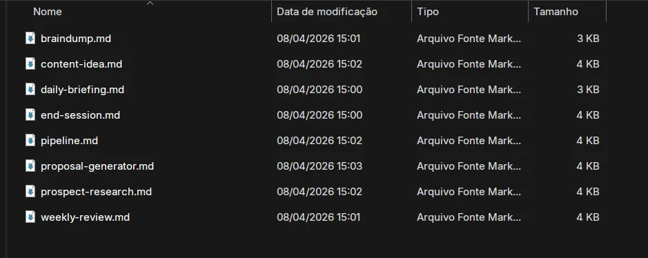 Pasta .claude/commands/ — 8 slash commands prontos