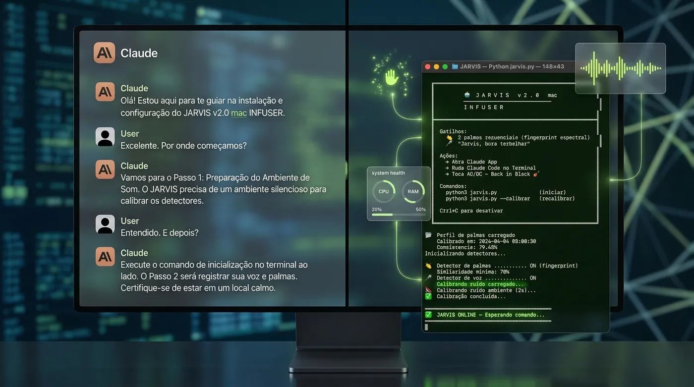 Split screen: Claude guiando instalacao + terminal com JARVIS